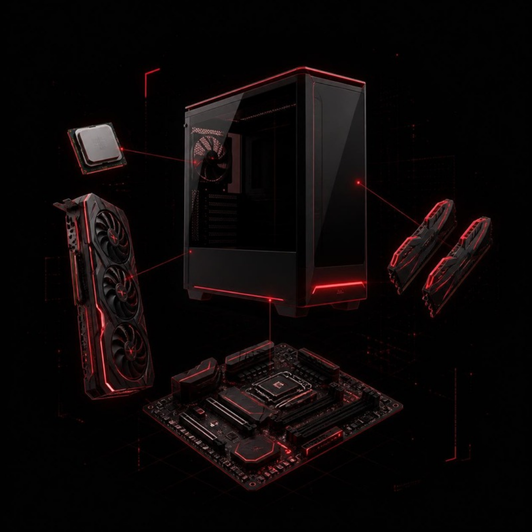 PC-onderdelen rond een pc-kast: PC op maat