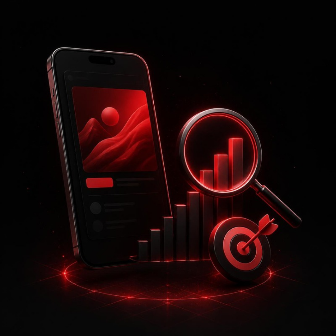 Smartphone met advertentie, grafiek en doelwit: ads-audit