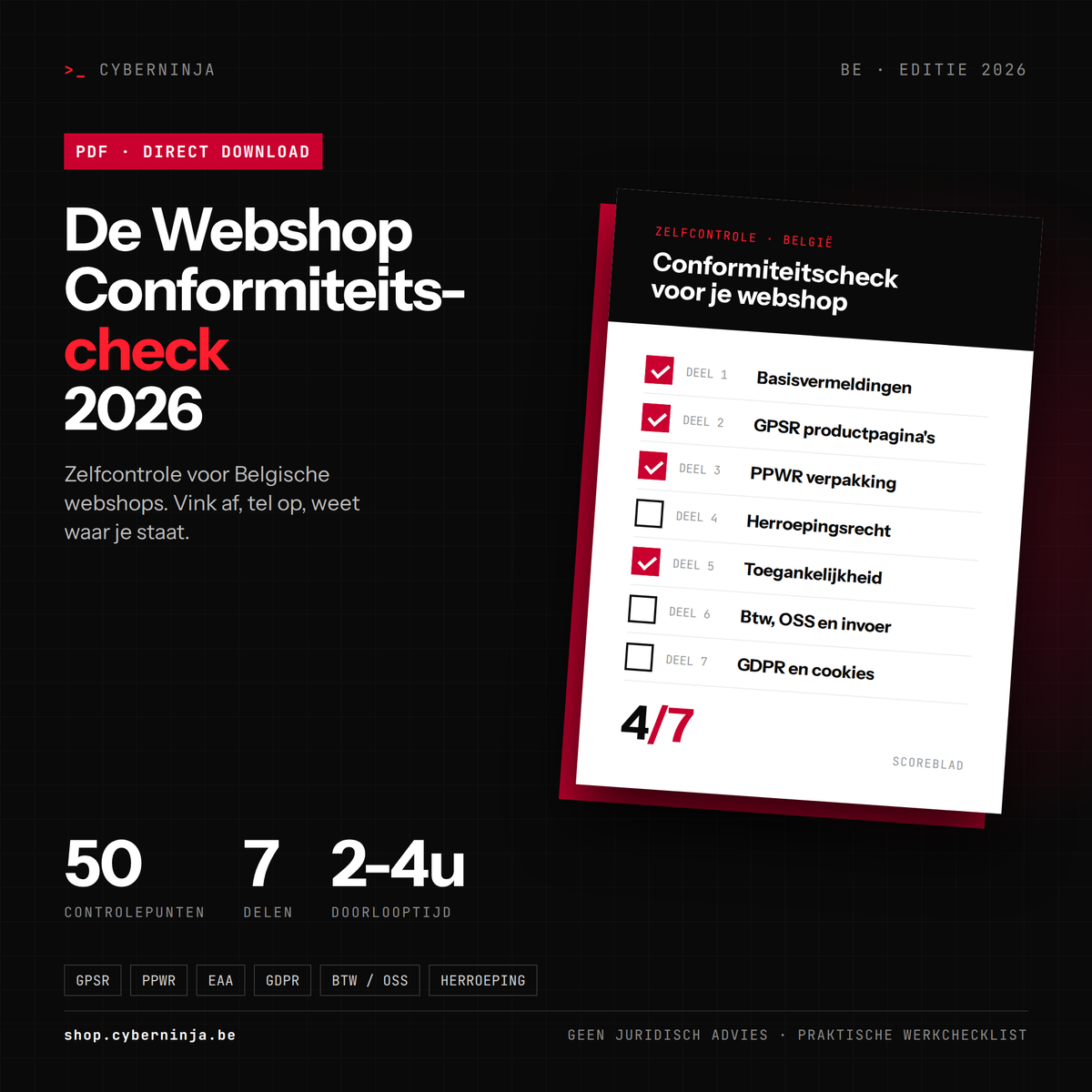 Cover van De Webshop Conformiteitscheck 2026 voor Belgische webshops: checklist met 50 controlepunten over GPSR, PPWR, EAA en GDPR